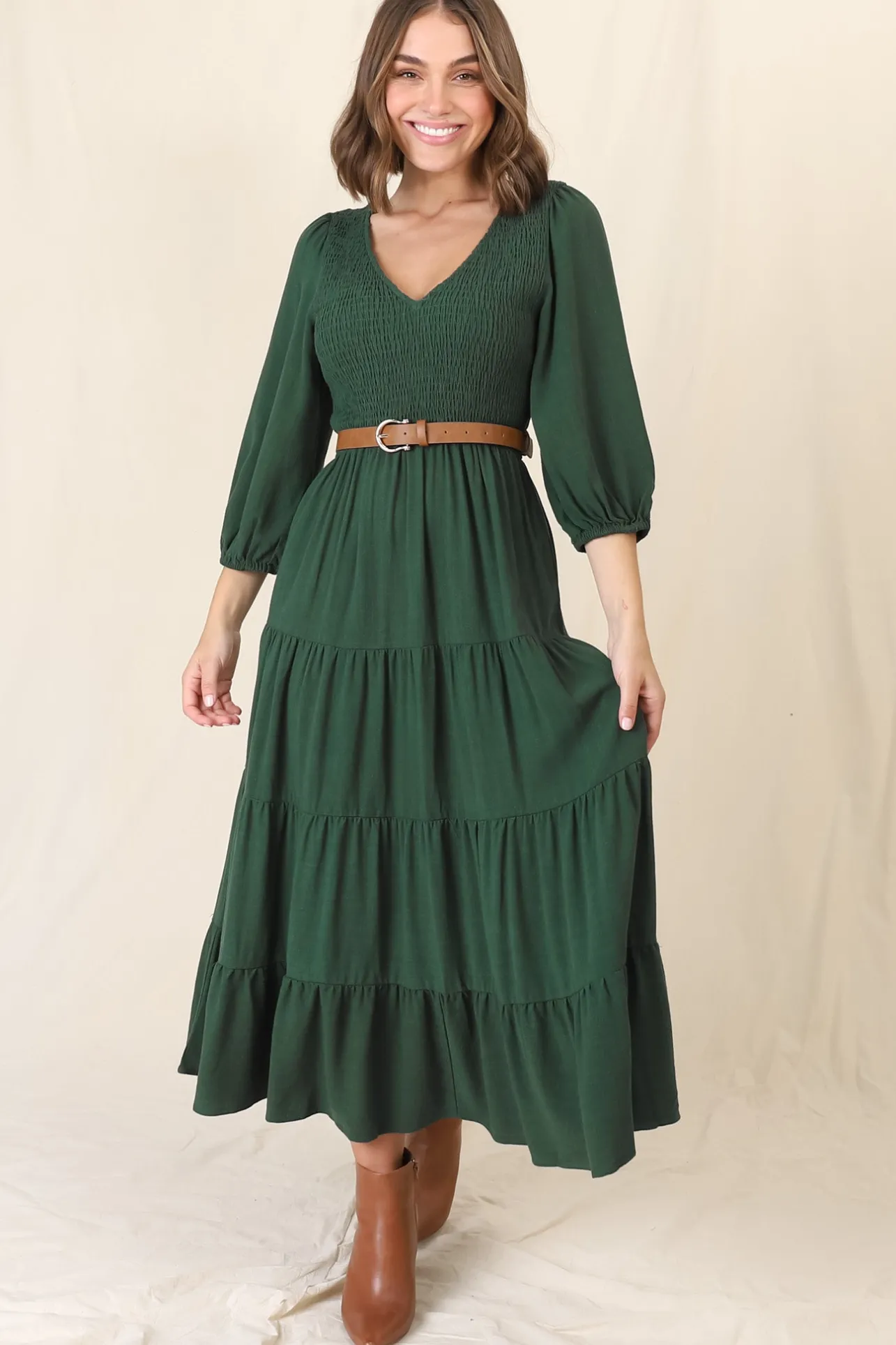 Lellah Midi Dress - Shirred Bodice Soft V Neck Tiered Dress in Green>Salty Crush New