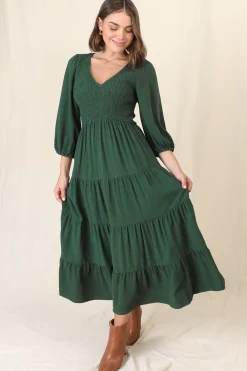 Lellah Midi Dress - Shirred Bodice Soft V Neck Tiered Dress in Green><noscript><img width=