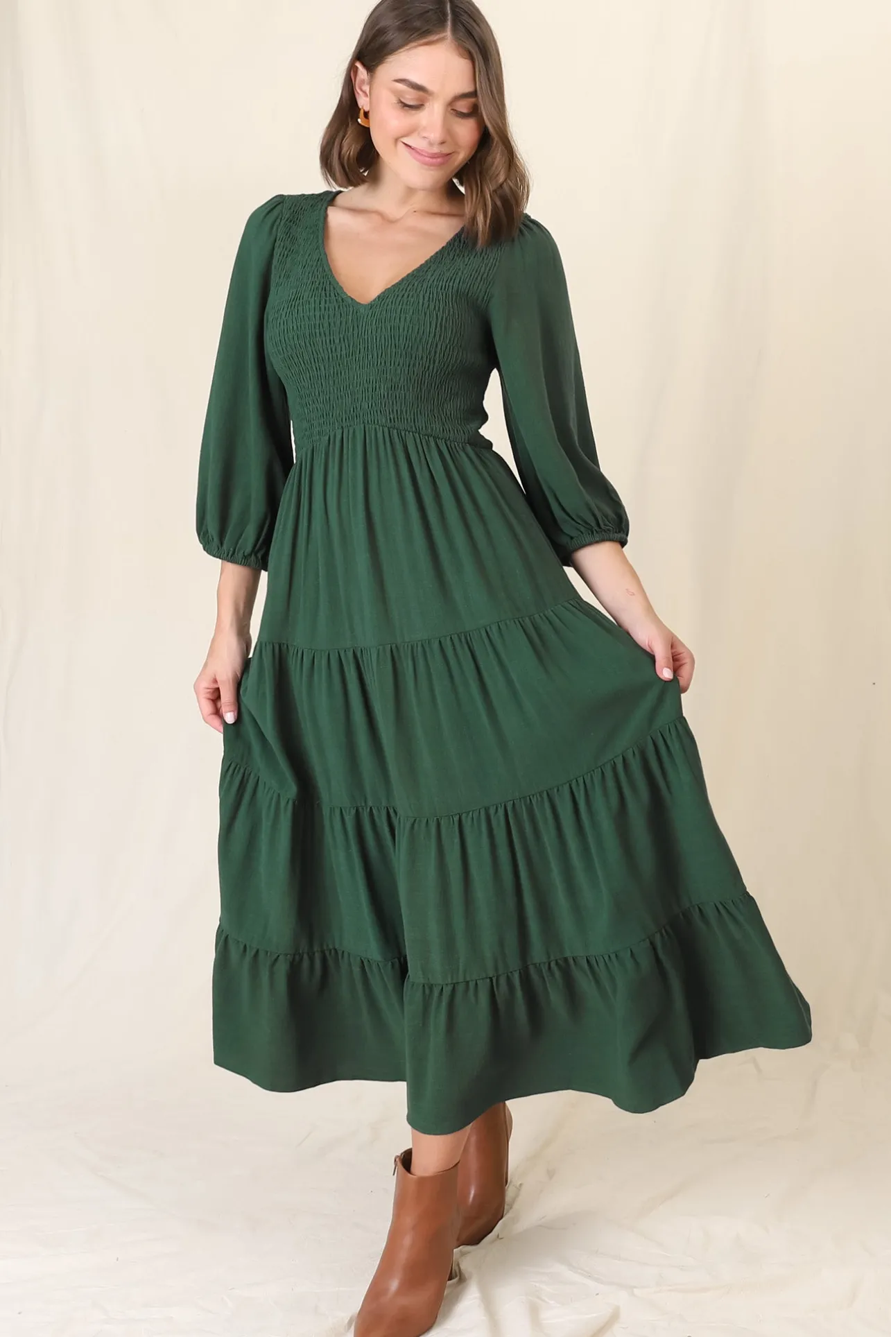 Lellah Midi Dress - Shirred Bodice Soft V Neck Tiered Dress in Green>Salty Crush New
