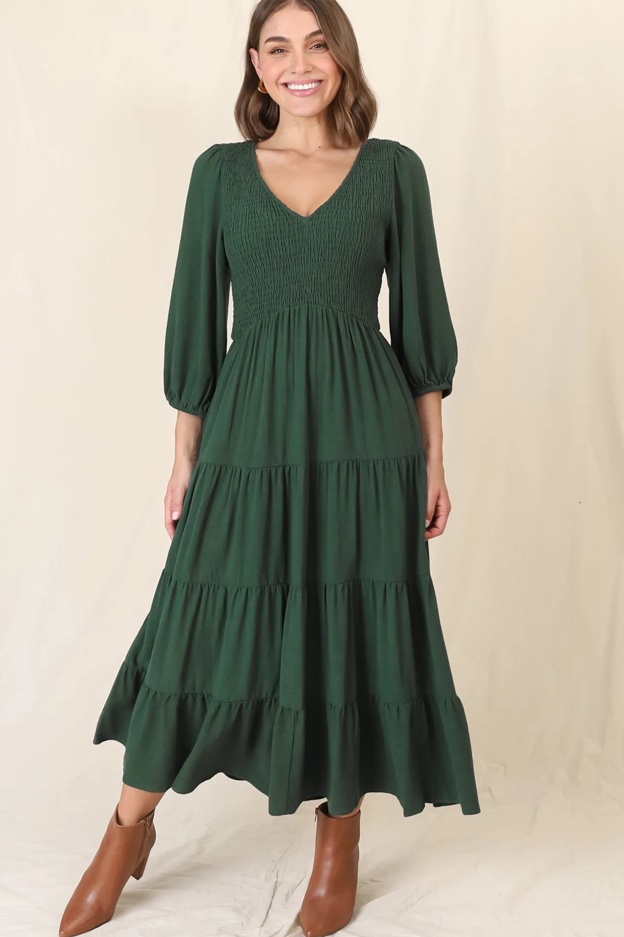 Lellah Midi Dress - Shirred Bodice Soft V Neck Tiered Dress in Green>Salty Crush New