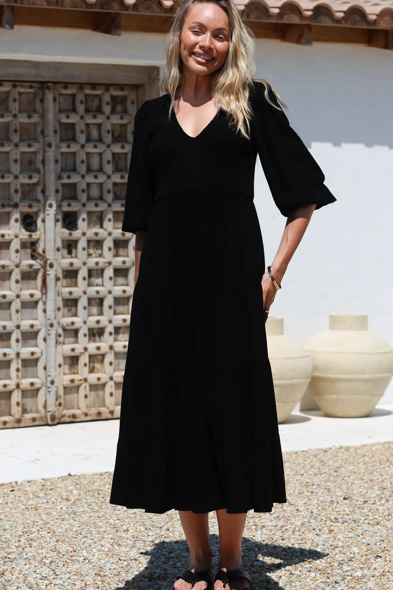 Lellah Midi Dress - Shirred Bodice Soft V Neck Tiered Dress in Black>Salty Crush New