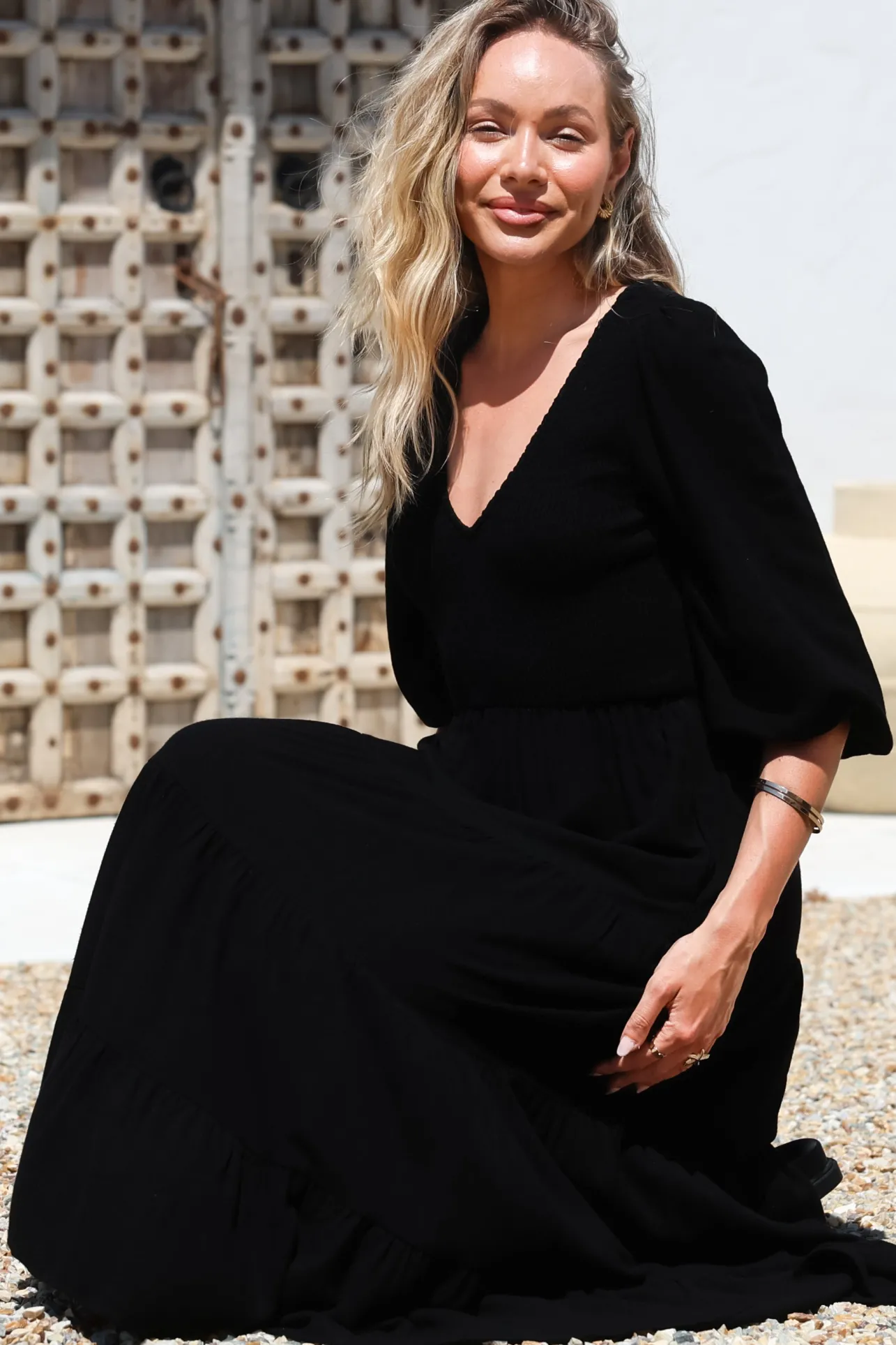 Lellah Midi Dress - Shirred Bodice Soft V Neck Tiered Dress in Black>Salty Crush New