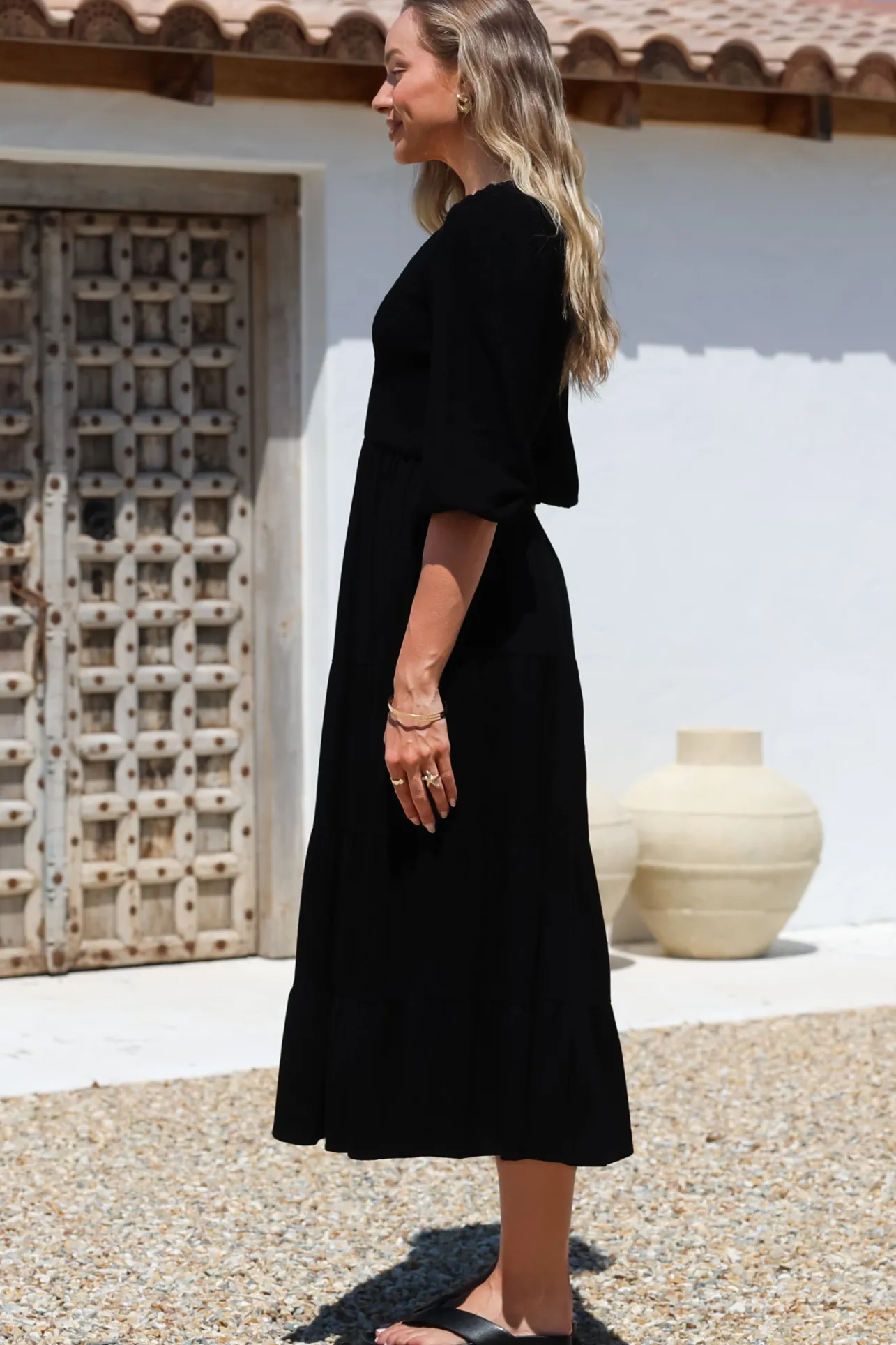 Lellah Midi Dress - Shirred Bodice Soft V Neck Tiered Dress in Black>Salty Crush New