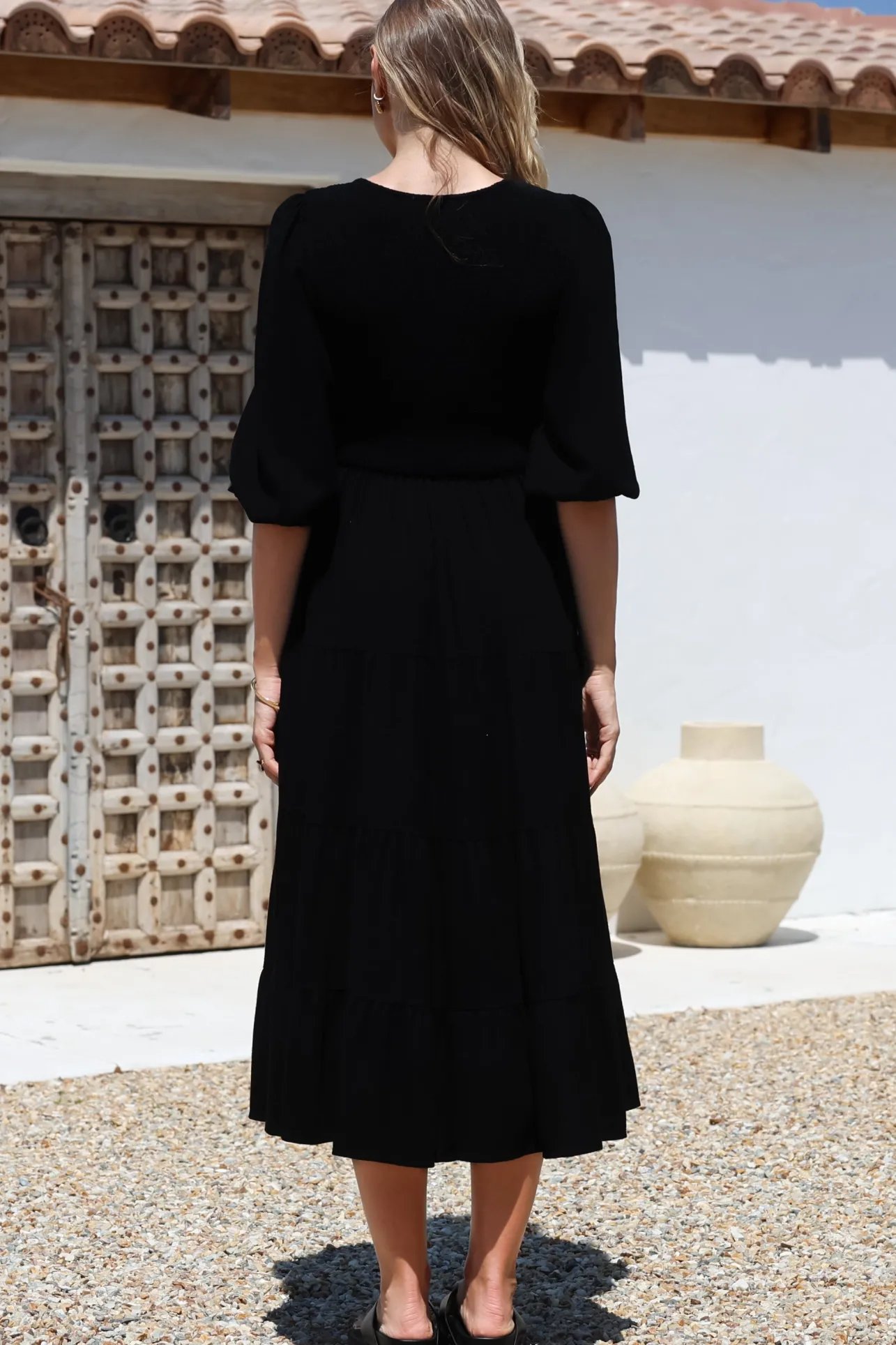 Lellah Midi Dress - Shirred Bodice Soft V Neck Tiered Dress in Black>Salty Crush New