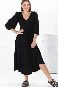 Lellah Midi Dress - Shirred Bodice Soft V Neck Tiered Dress in Black><noscript><img width=