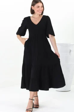 Lellah Midi Dress - Shirred Bodice Soft V Neck Tiered Dress in Black><noscript><img width=