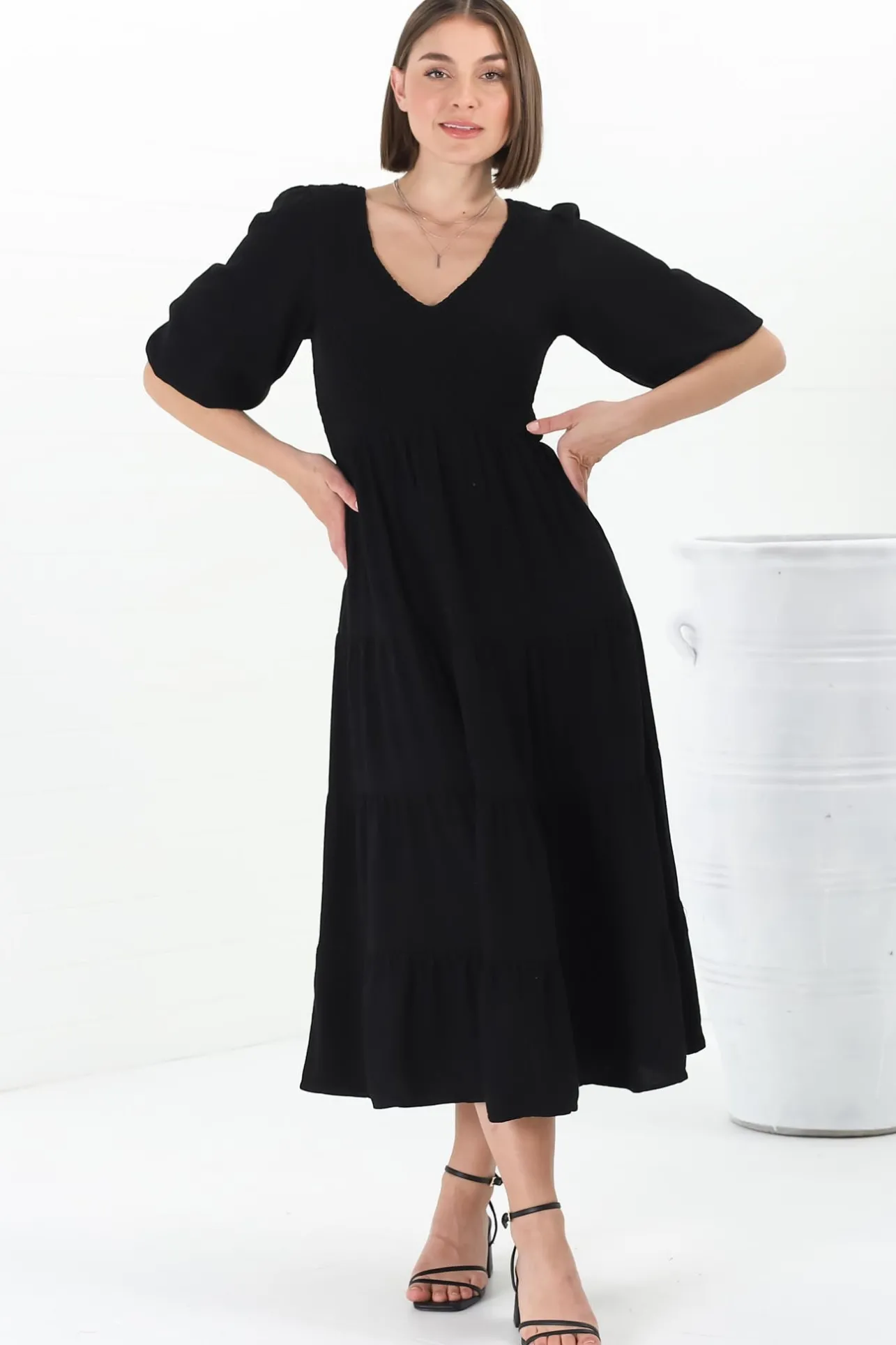 Lellah Midi Dress - Shirred Bodice Soft V Neck Tiered Dress in Black>Salty Crush New