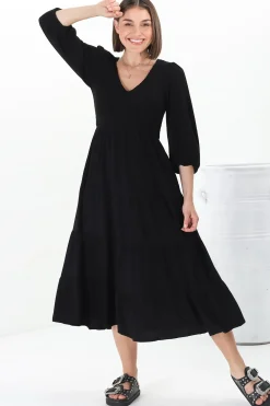 Lellah Midi Dress - Shirred Bodice Soft V Neck Tiered Dress in Black><noscript><img width=