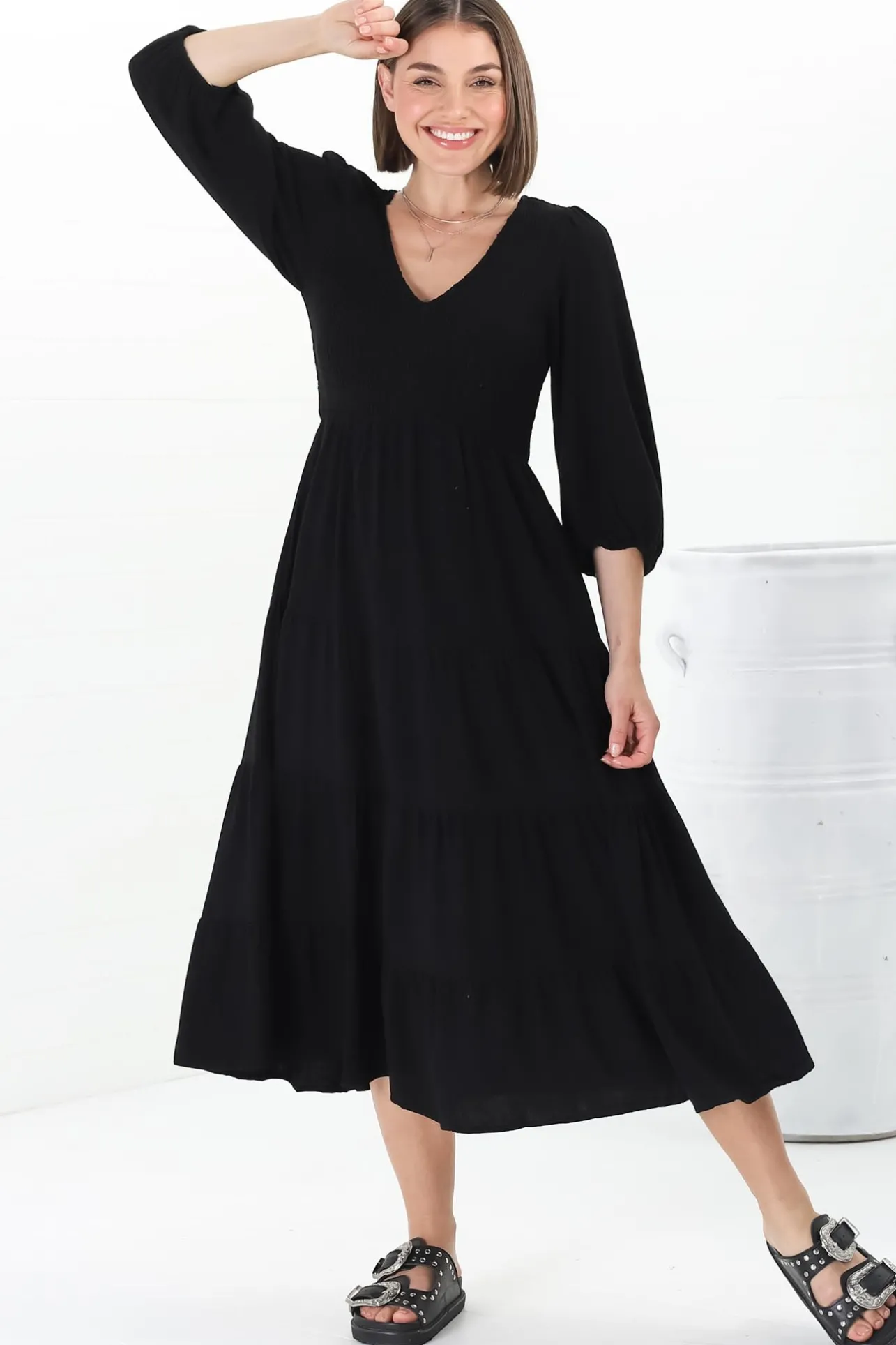 Lellah Midi Dress - Shirred Bodice Soft V Neck Tiered Dress in Black>Salty Crush New