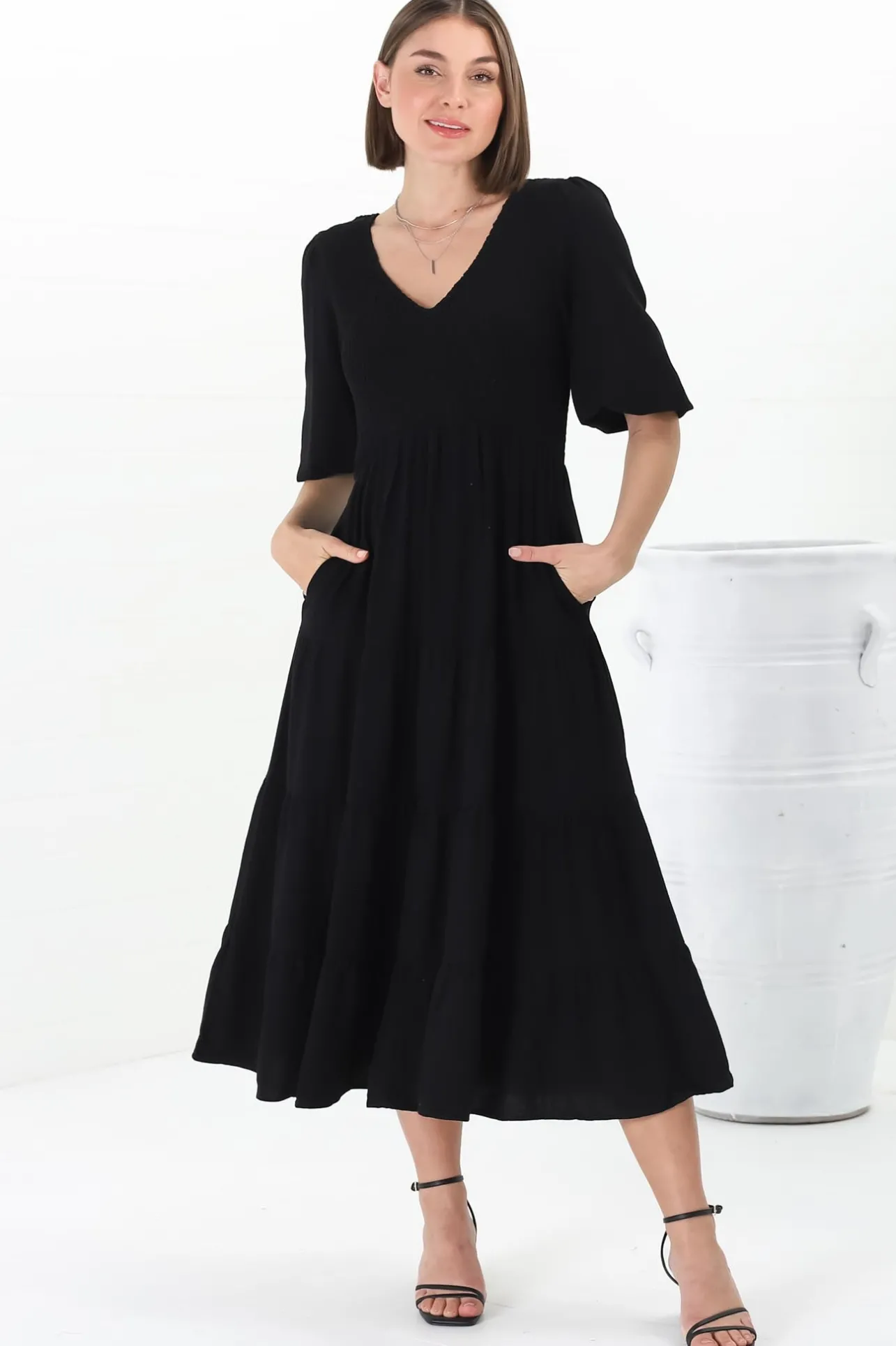 Lellah Midi Dress - Shirred Bodice Soft V Neck Tiered Dress in Black>Salty Crush New