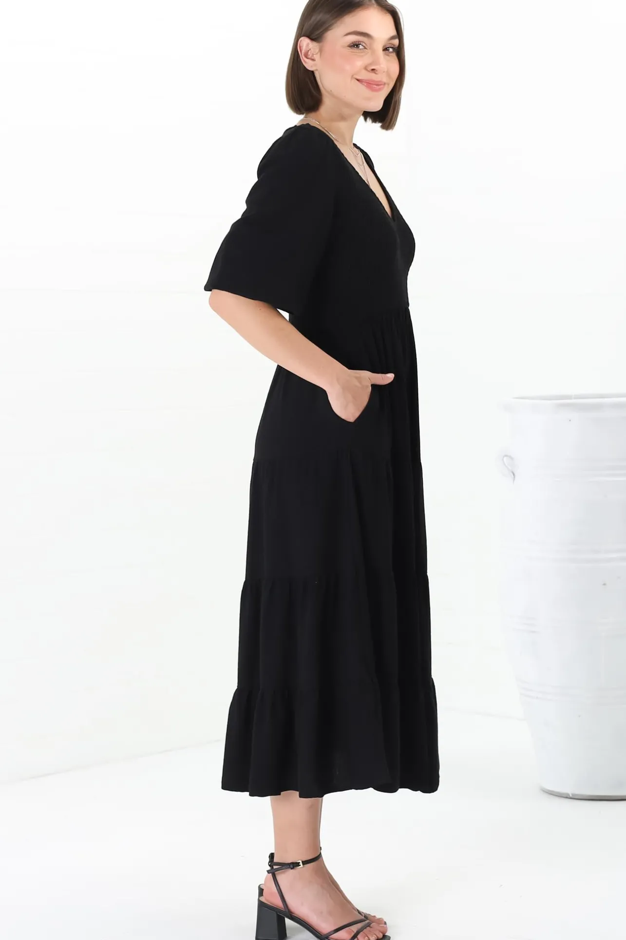 Lellah Midi Dress - Shirred Bodice Soft V Neck Tiered Dress in Black>Salty Crush New