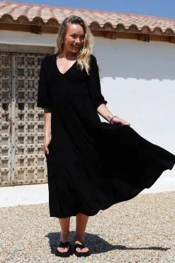 Lellah Midi Dress - Shirred Bodice Soft V Neck Tiered Dress in Black><noscript><img width=
