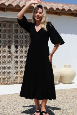 Lellah Midi Dress - Shirred Bodice Soft V Neck Tiered Dress in Black><noscript><img width=