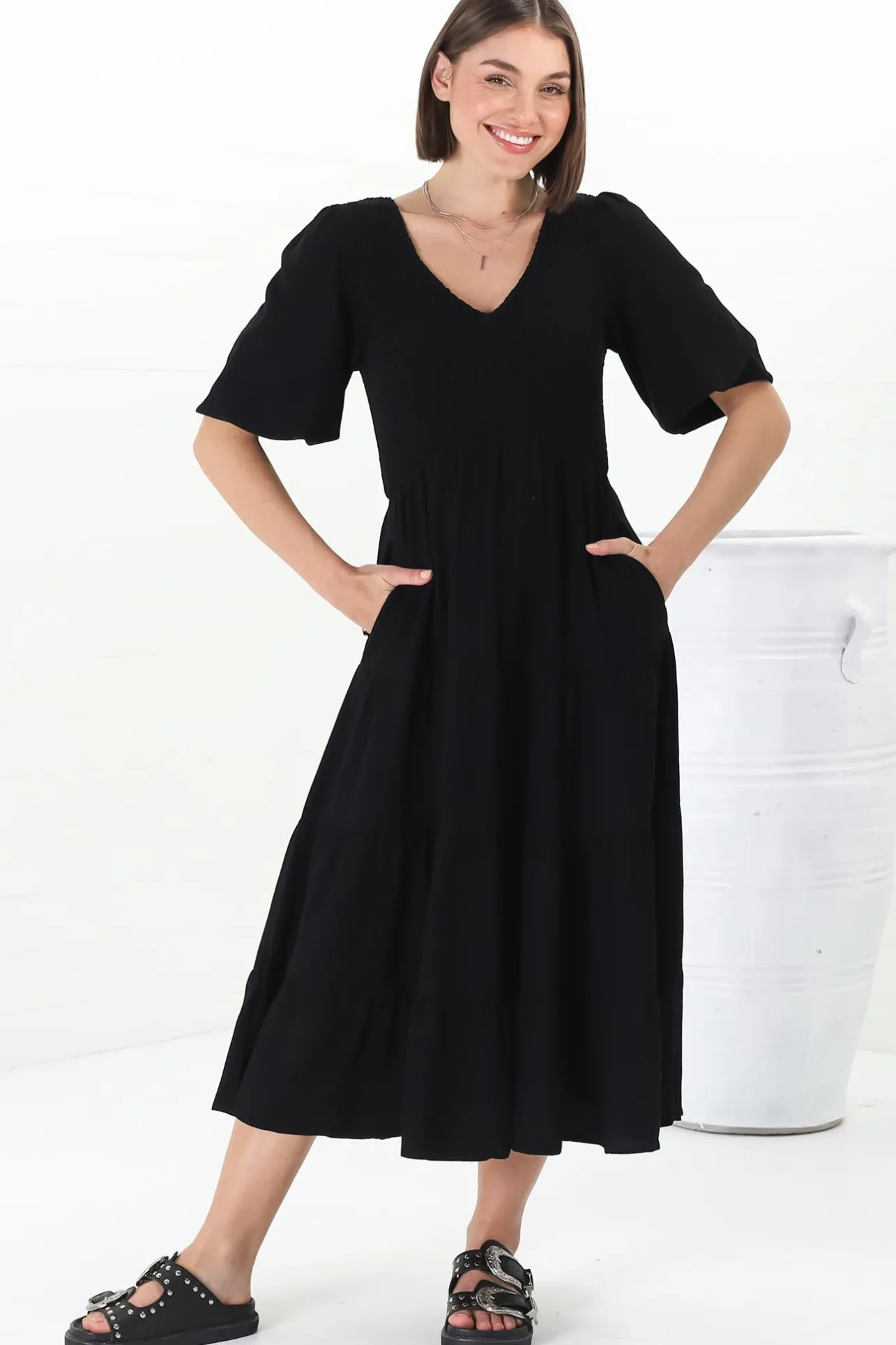 Lellah Midi Dress - Shirred Bodice Soft V Neck Tiered Dress in Black>Salty Crush New