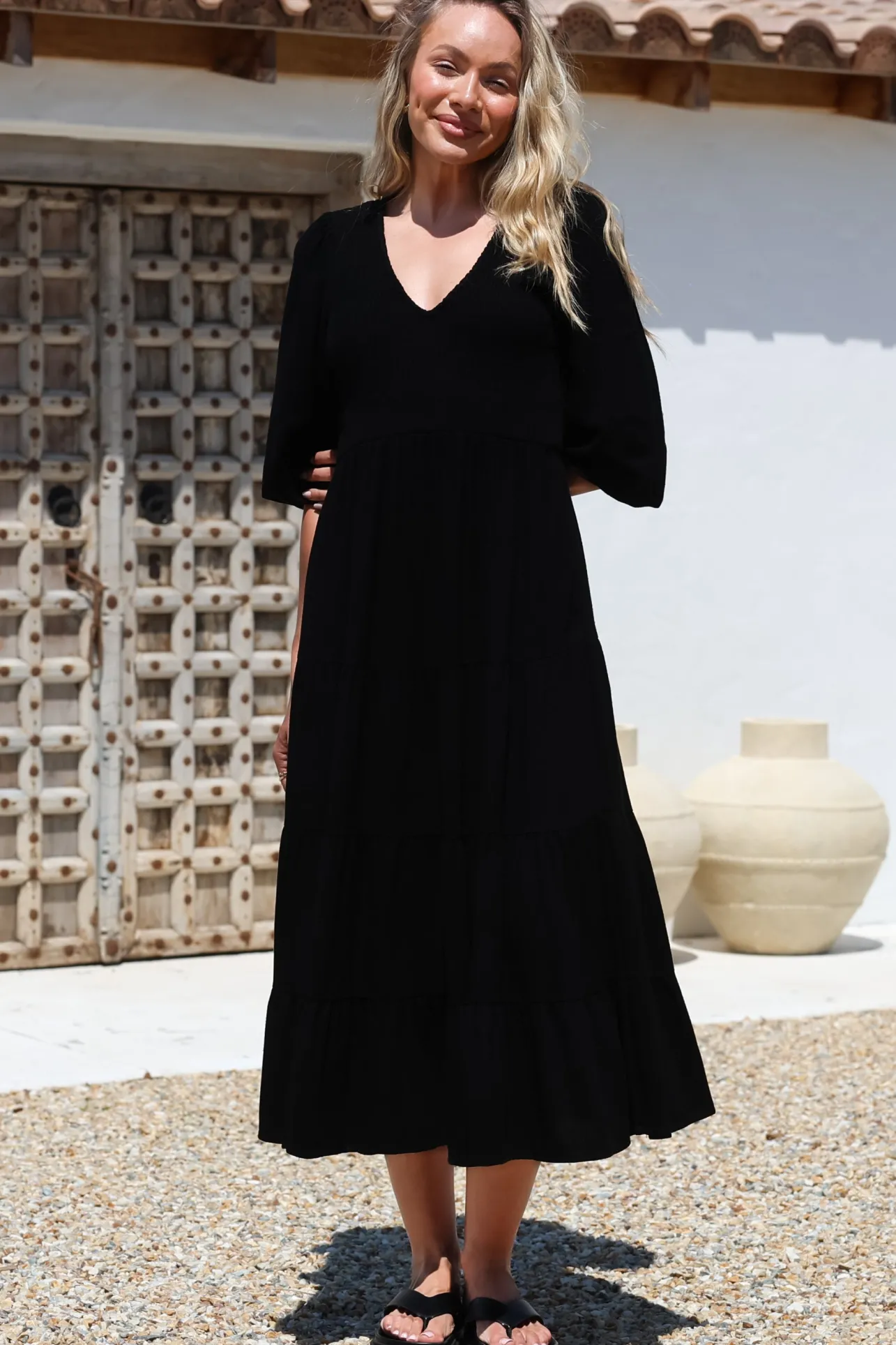 Lellah Midi Dress - Shirred Bodice Soft V Neck Tiered Dress in Black>Salty Crush New