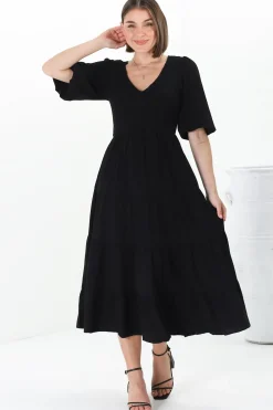 Lellah Midi Dress - Shirred Bodice Soft V Neck Tiered Dress in Black><noscript><img width=