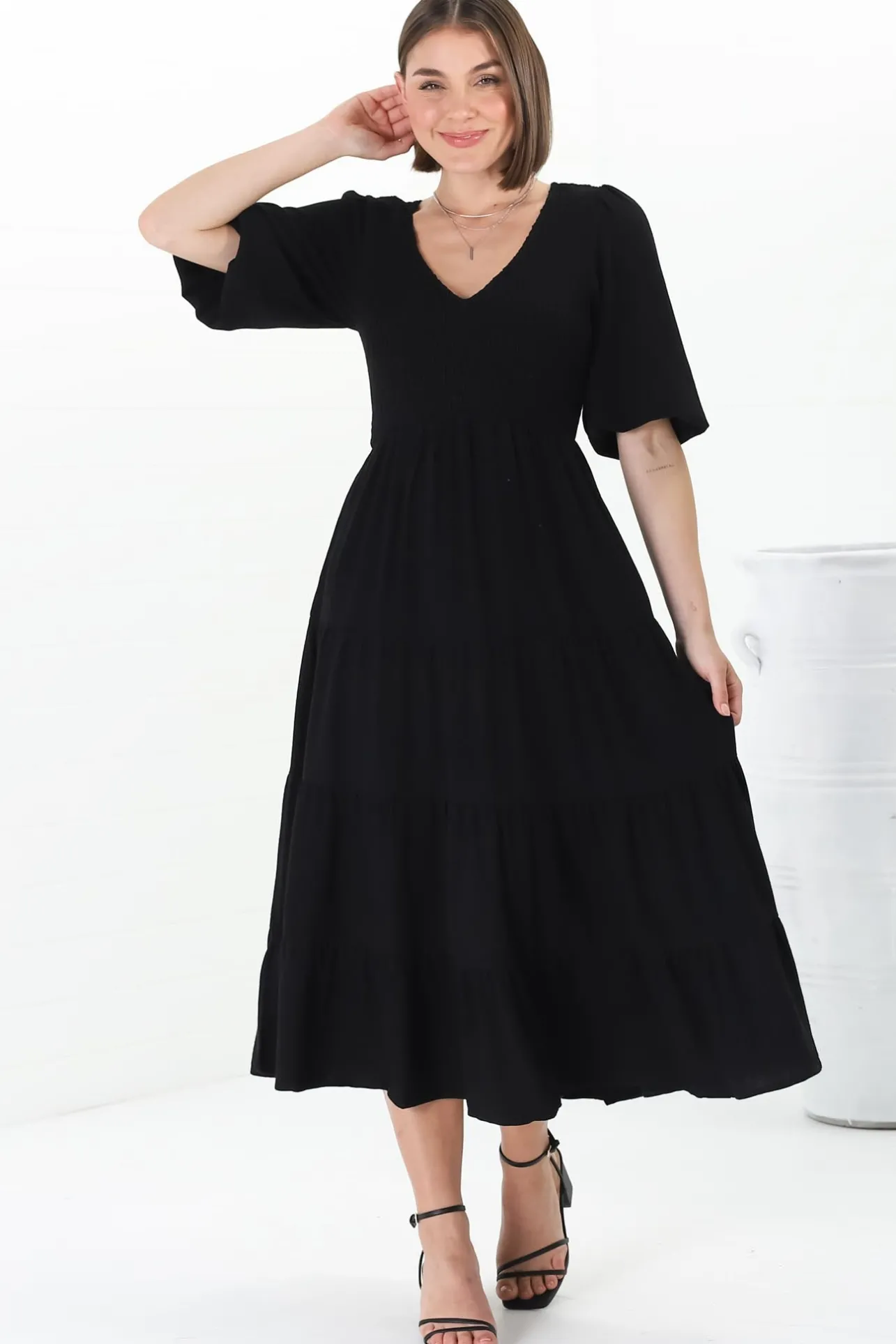 Lellah Midi Dress - Shirred Bodice Soft V Neck Tiered Dress in Black>Salty Crush New