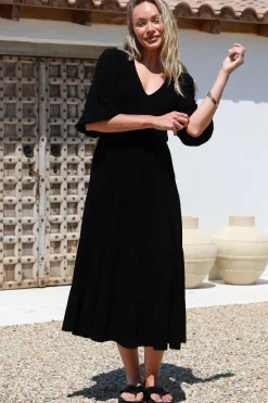 Lellah Midi Dress - Shirred Bodice Soft V Neck Tiered Dress in Black><noscript><img width=