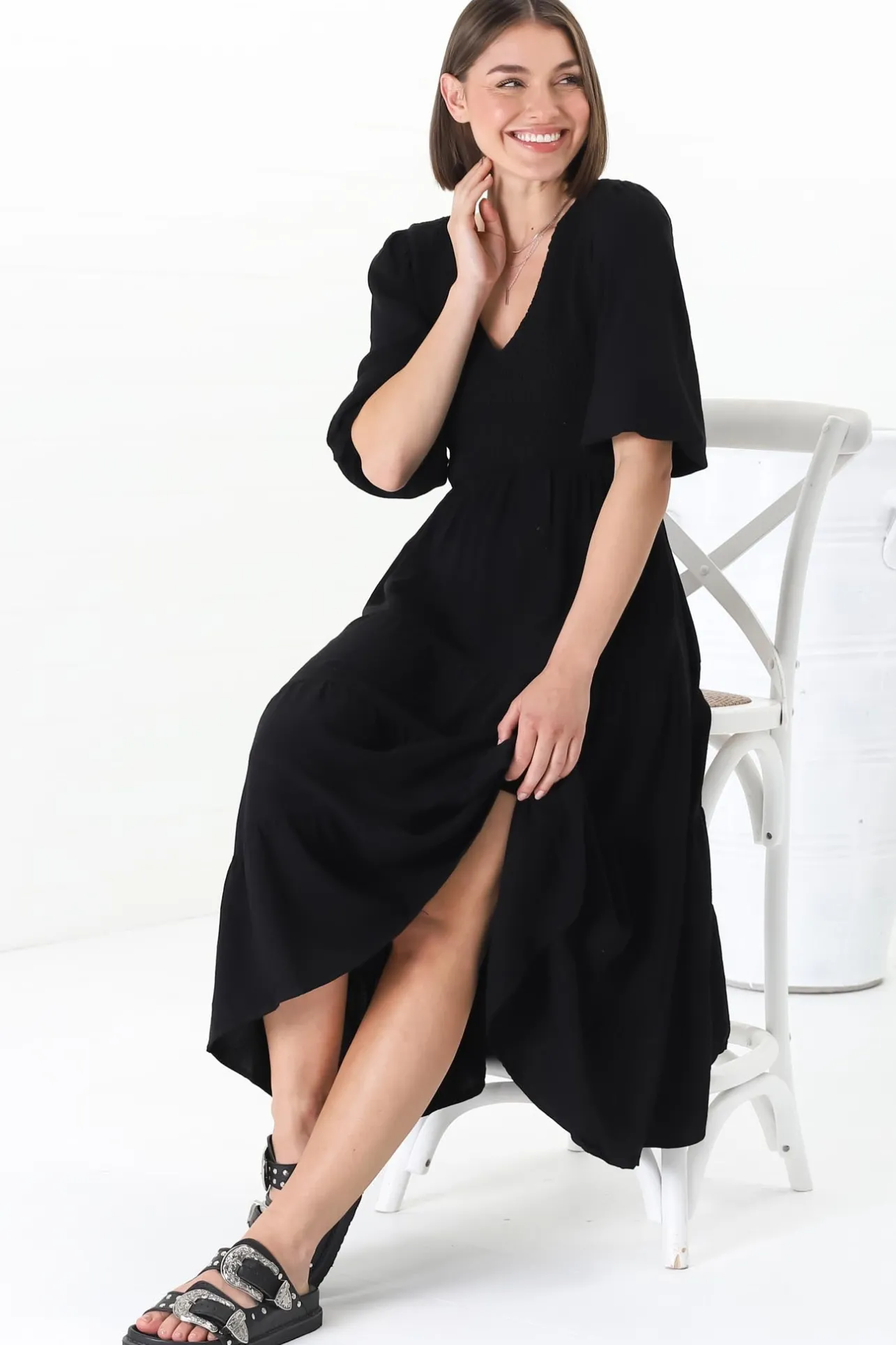 Lellah Midi Dress - Shirred Bodice Soft V Neck Tiered Dress in Black>Salty Crush New