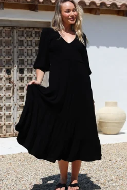 Lellah Midi Dress - Shirred Bodice Soft V Neck Tiered Dress in Black><noscript><img width=