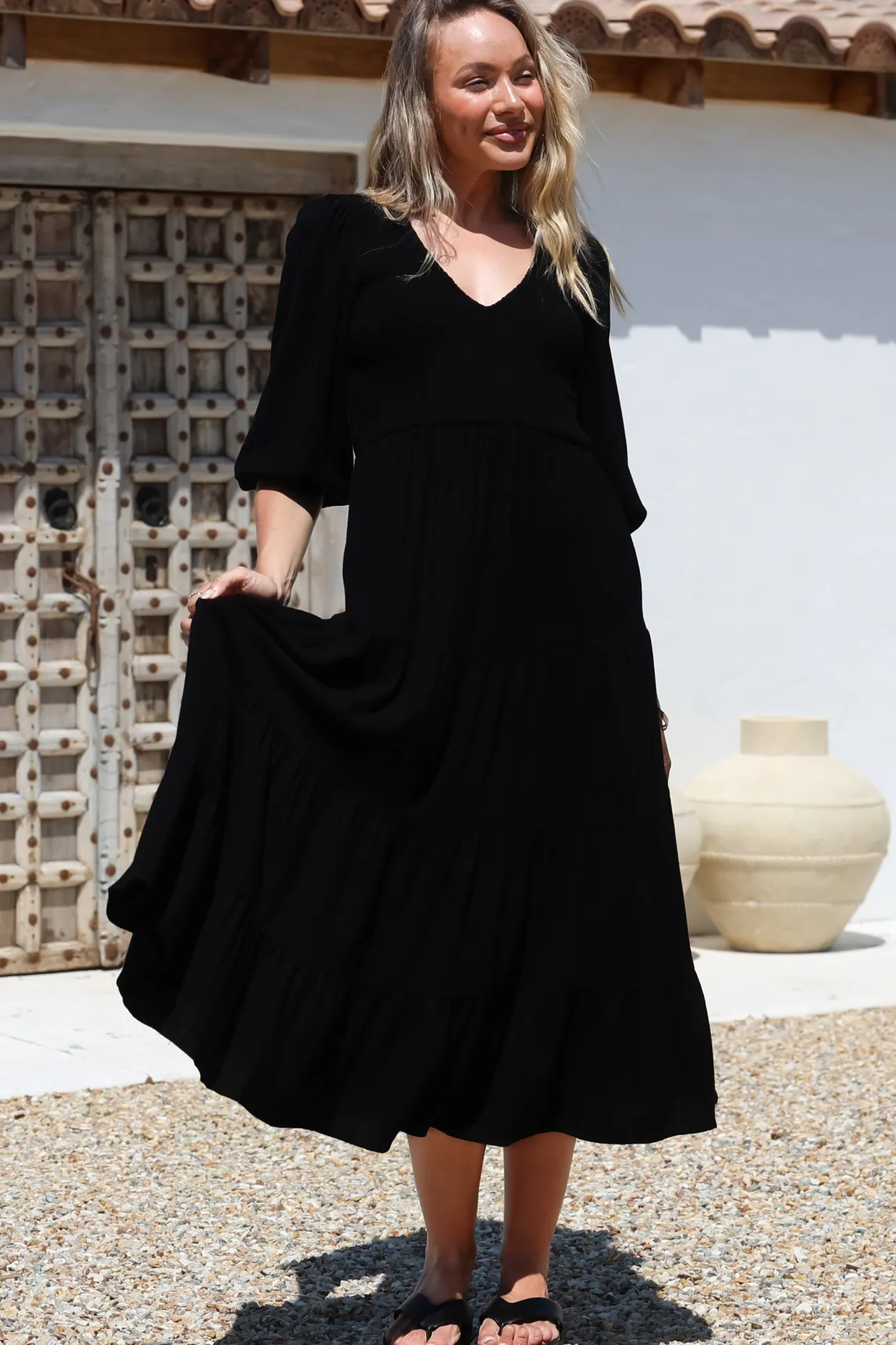 Lellah Midi Dress - Shirred Bodice Soft V Neck Tiered Dress in Black>Salty Crush New