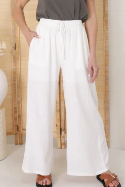 Leslie Linen Pants - Lined Linen Elasticated Waist Straight Leg Pants in White>Salty Crush