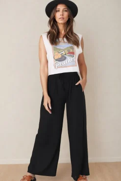 Leslie Linen Pants - Linen Elasticated Waist Straight Leg Pants in Black><noscript><img width=