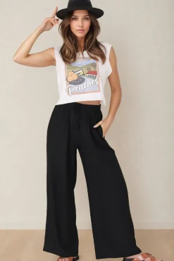 Leslie Linen Pants - Linen Elasticated Waist Straight Leg Pants in Black><noscript><img width=