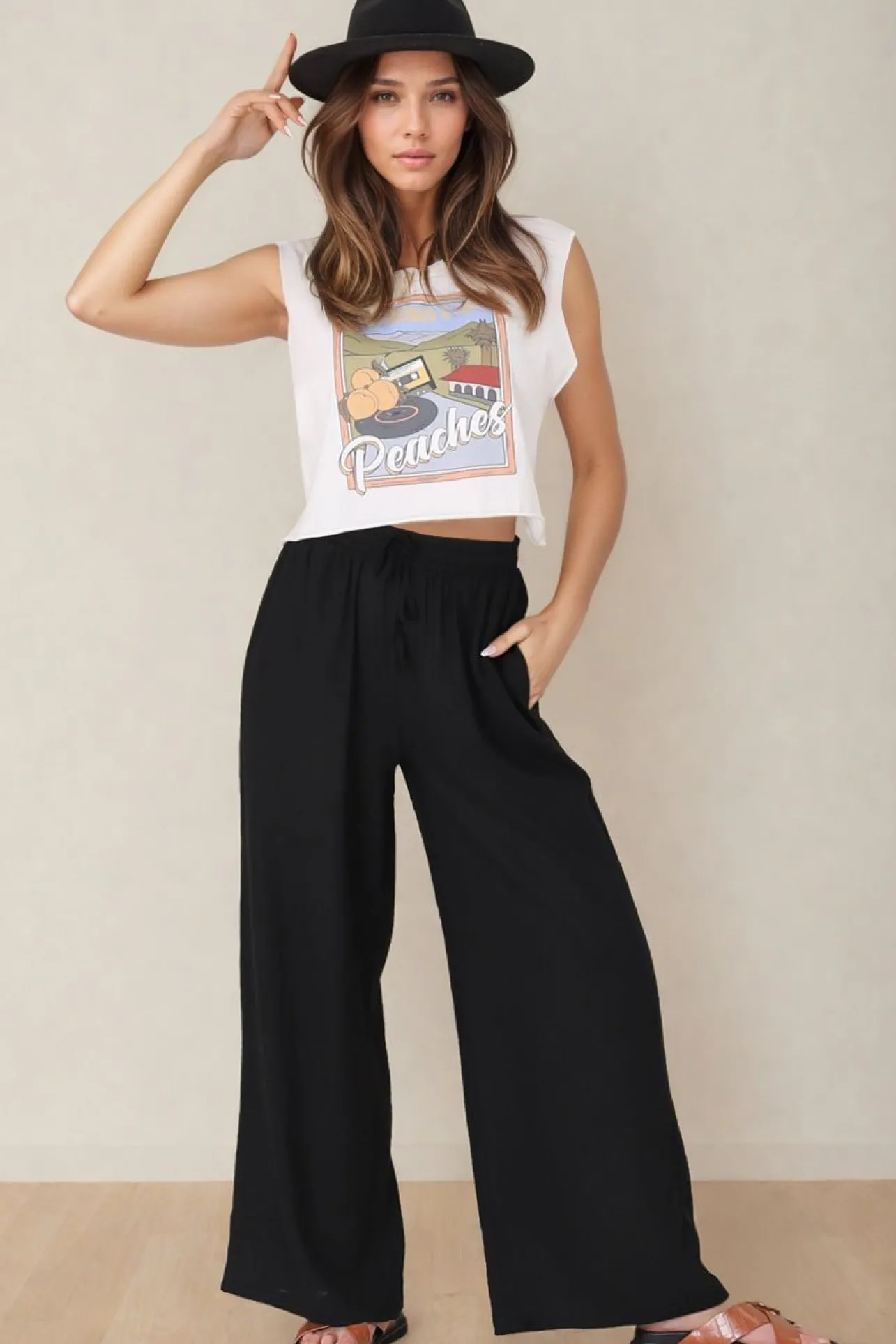 Leslie Linen Pants - Linen Elasticated Waist Straight Leg Pants in Black>Salty Crush Outlet