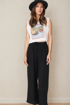 Leslie Linen Pants - Linen Elasticated Waist Straight Leg Pants in Black><noscript><img width=