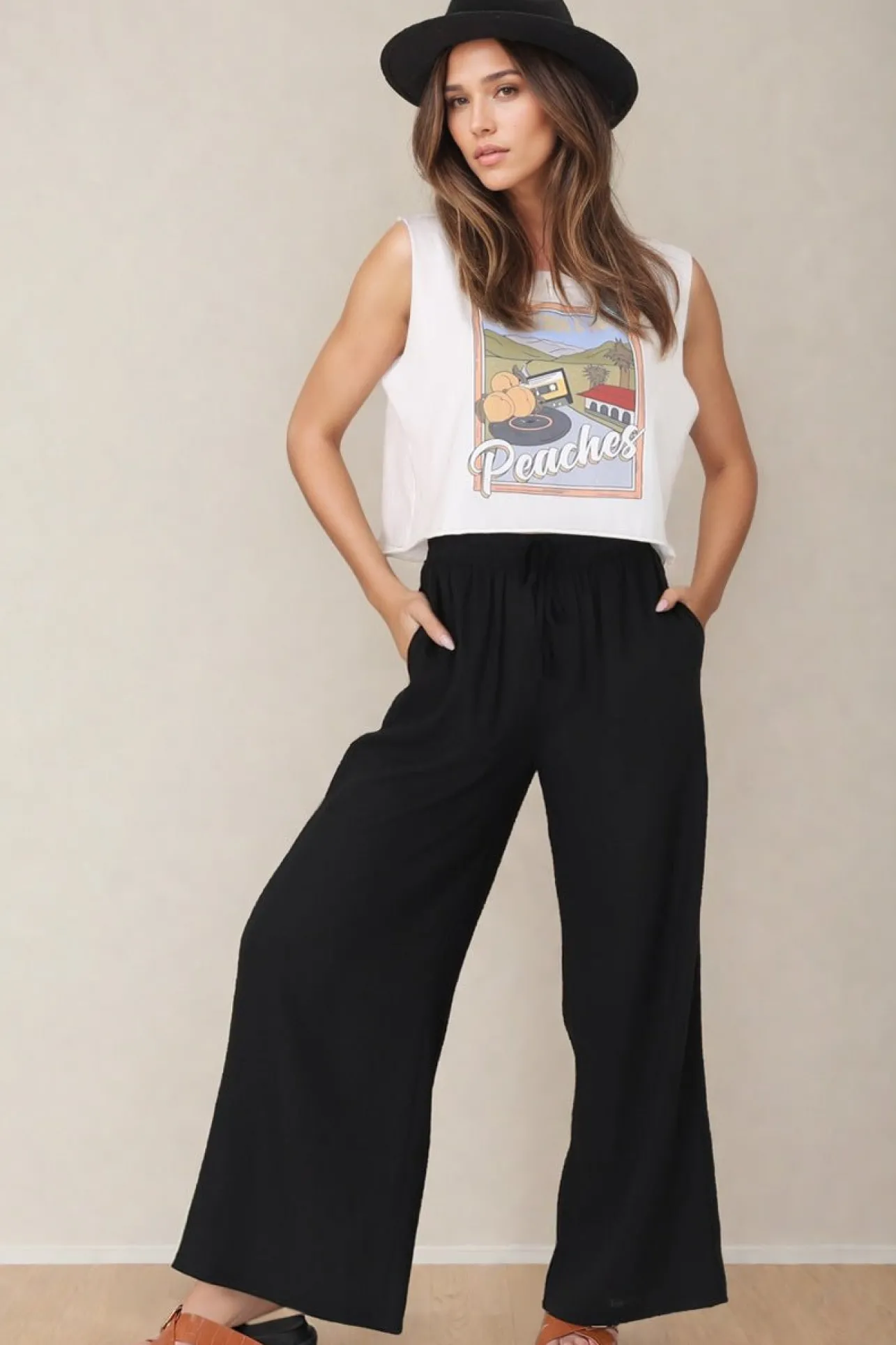 Leslie Linen Pants - Linen Elasticated Waist Straight Leg Pants in Black>Salty Crush Outlet