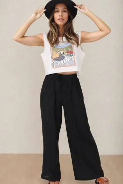Leslie Linen Pants - Linen Elasticated Waist Straight Leg Pants in Black><noscript><img width=