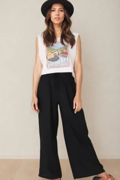 Leslie Linen Pants - Linen Elasticated Waist Straight Leg Pants in Black><noscript><img width=