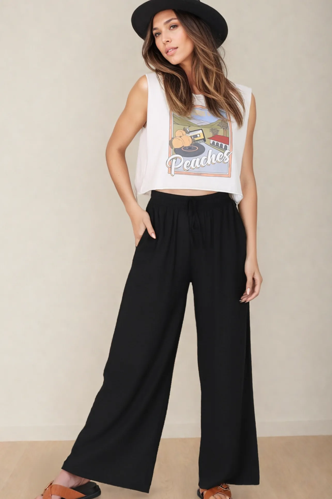 Leslie Linen Pants - Linen Elasticated Waist Straight Leg Pants in Black>Salty Crush Outlet