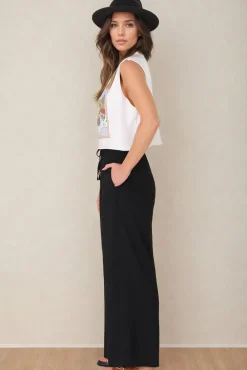 Leslie Linen Pants - Linen Elasticated Waist Straight Leg Pants in Black><noscript><img width=