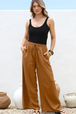Leslie Linen Pants - Linen Elasticated Waist Straight Leg Pants in Terracotta>Salty Crush Sale