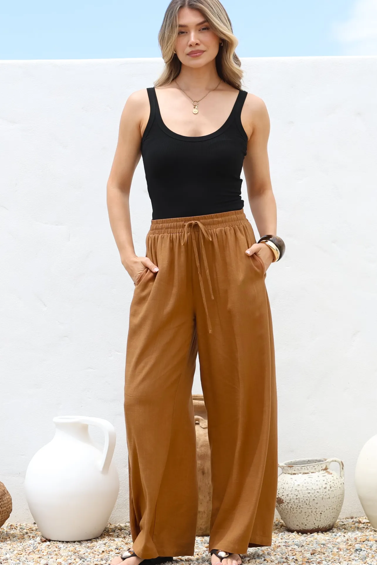 Leslie Linen Pants - Linen Elasticated Waist Straight Leg Pants in Terracotta>Salty Crush Sale