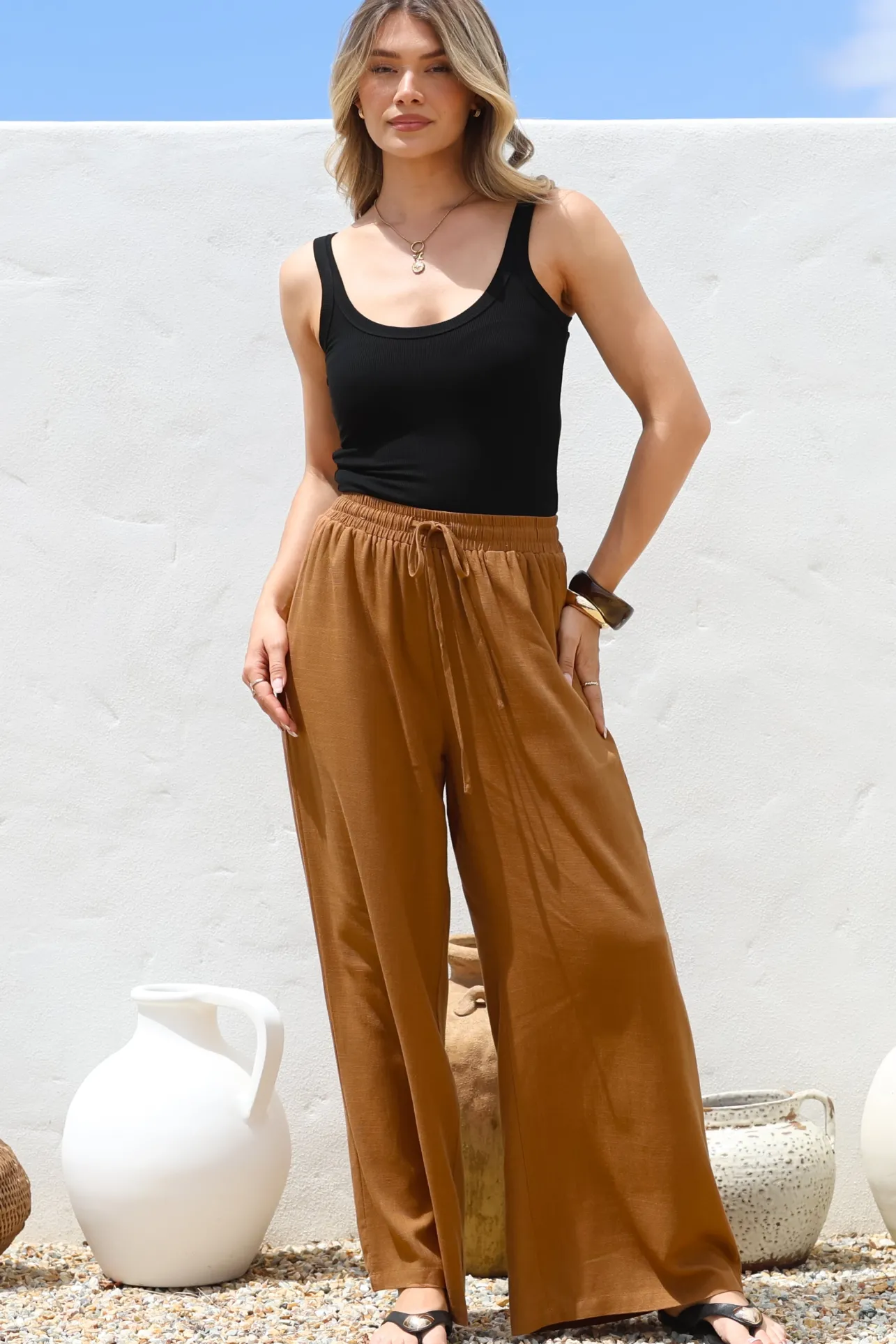 Leslie Linen Pants - Linen Elasticated Waist Straight Leg Pants in Terracotta>Salty Crush Sale
