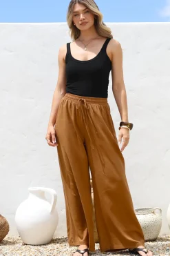 Leslie Linen Pants - Linen Elasticated Waist Straight Leg Pants in Terracotta><noscript><img width=