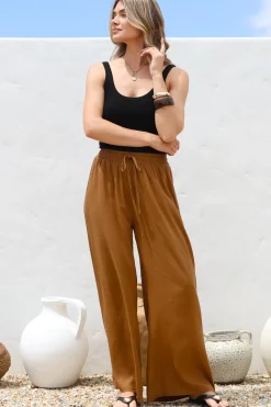 Leslie Linen Pants - Linen Elasticated Waist Straight Leg Pants in Terracotta><noscript><img width=