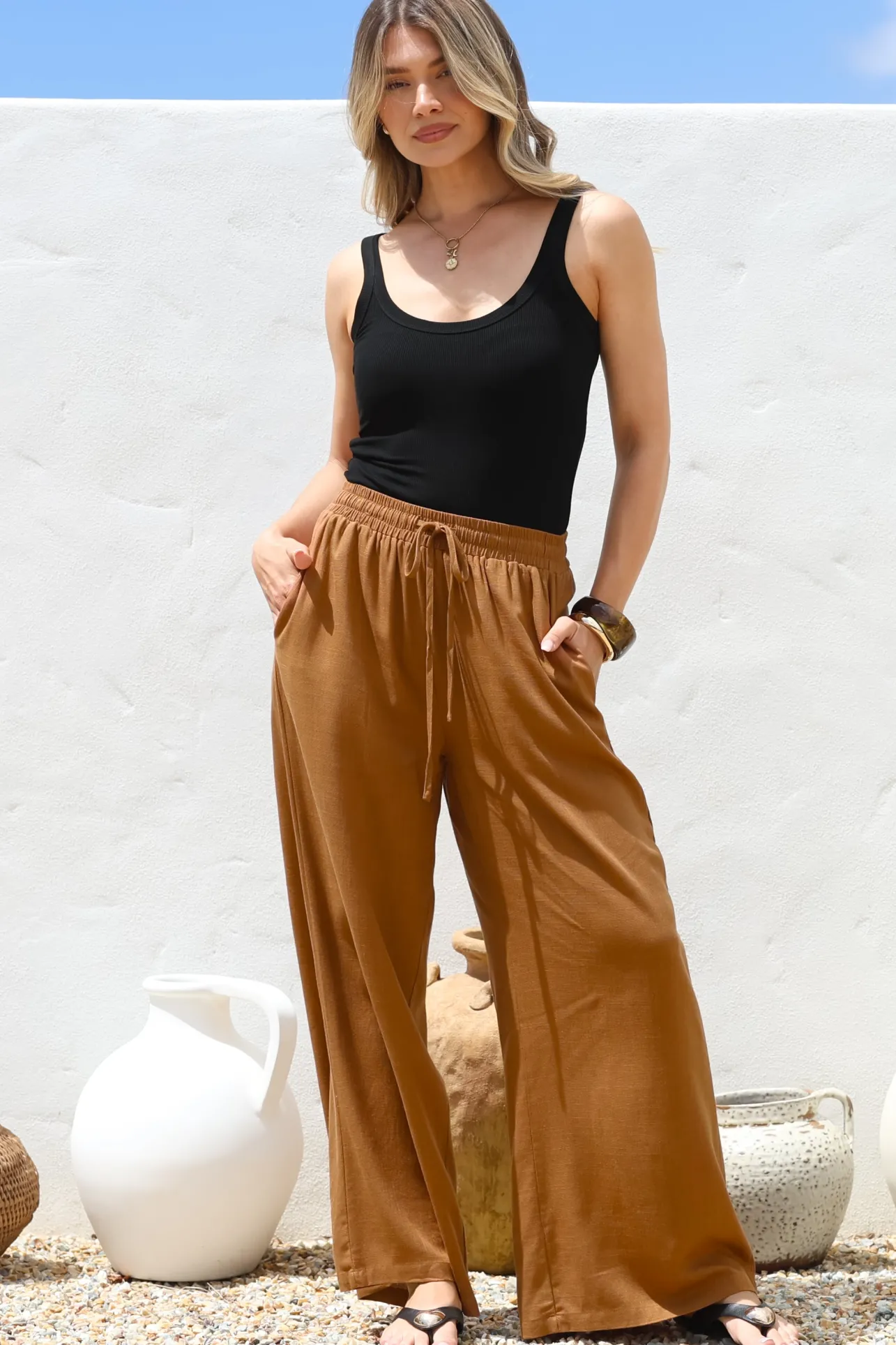 Leslie Linen Pants - Linen Elasticated Waist Straight Leg Pants in Terracotta>Salty Crush Sale