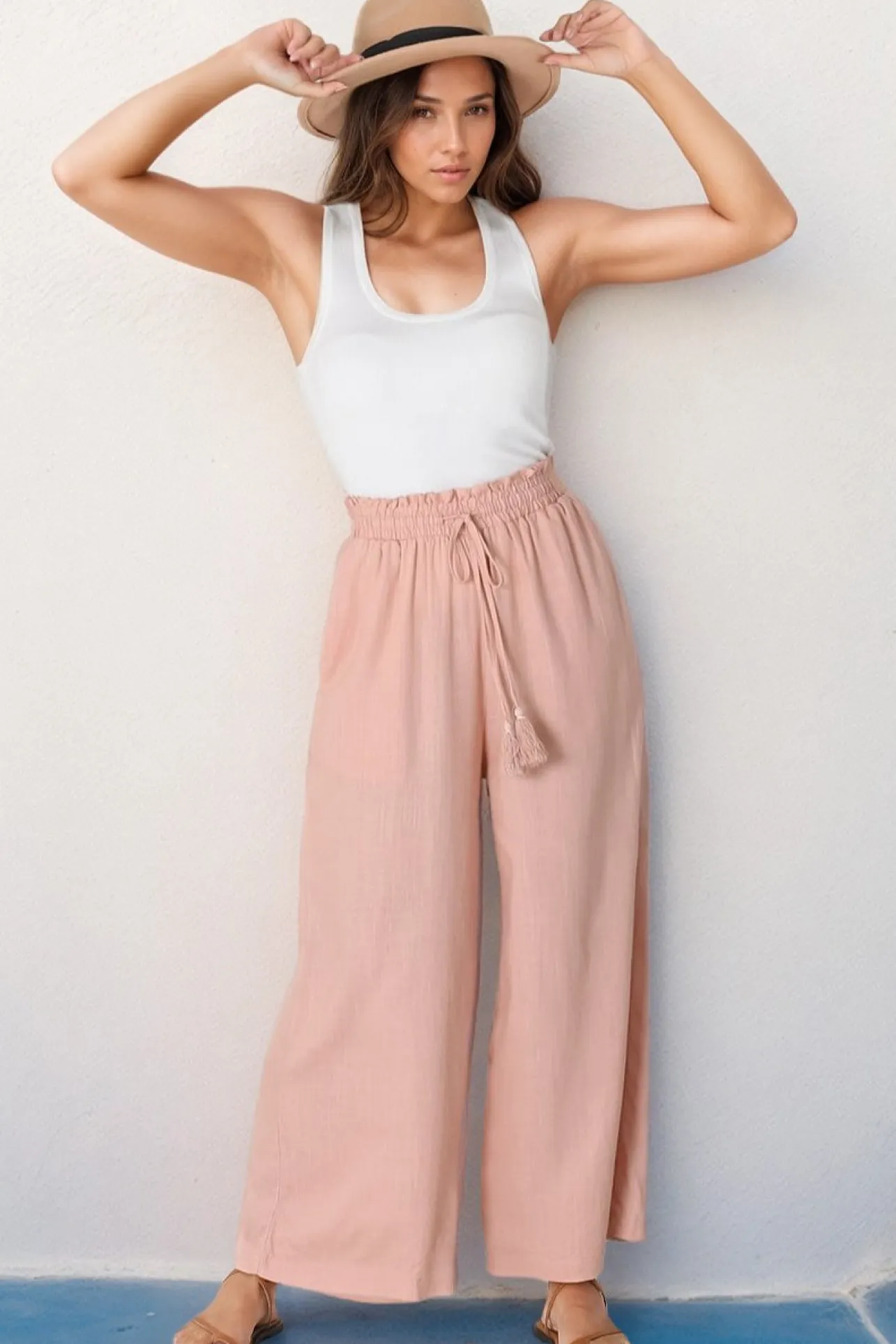 Levelle Pants - Linen Blend Paper Bag Waist with Drawstring Wide Leg Pants with Pockets in Blush>Salty Crush Best