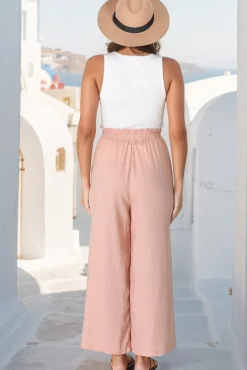 Levelle Pants - Linen Blend Paper Bag Waist with Drawstring Wide Leg Pants with Pockets in Blush><noscript><img width=