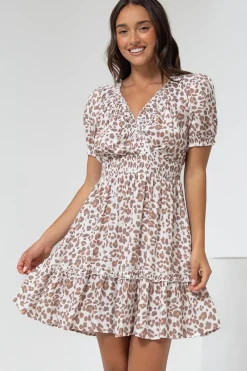 Lewie Mini Dress - Frill Hemline Cross Over Bodice Mini Dress in White Leopard Print>Salty Crush Discount