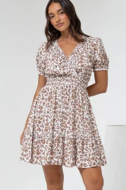 Lewie Mini Dress - Frill Hemline Cross Over Bodice Mini Dress in White Leopard Print><noscript><img width=