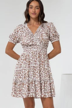 Lewie Mini Dress - Frill Hemline Cross Over Bodice Mini Dress in White Leopard Print><noscript><img width=