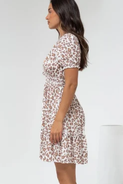 Lewie Mini Dress - Frill Hemline Cross Over Bodice Mini Dress in White Leopard Print><noscript><img width=