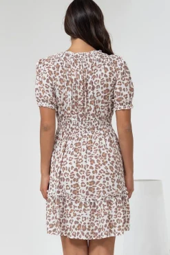 Lewie Mini Dress - Frill Hemline Cross Over Bodice Mini Dress in White Leopard Print><noscript><img width=
