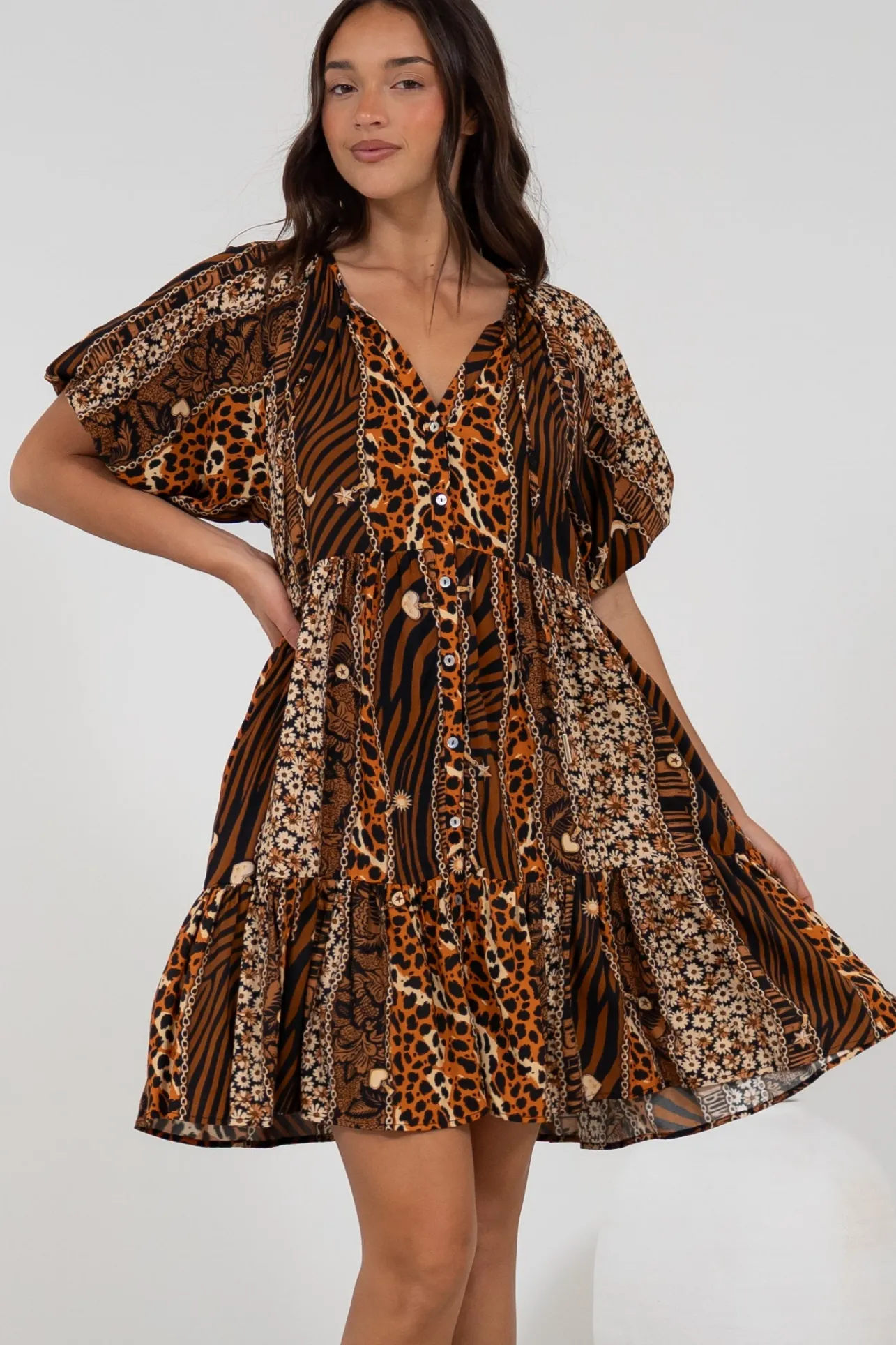 Lia Mini Dress - Balloon Sleeve Smock Dress in Riley Print>Salty Crush Hot