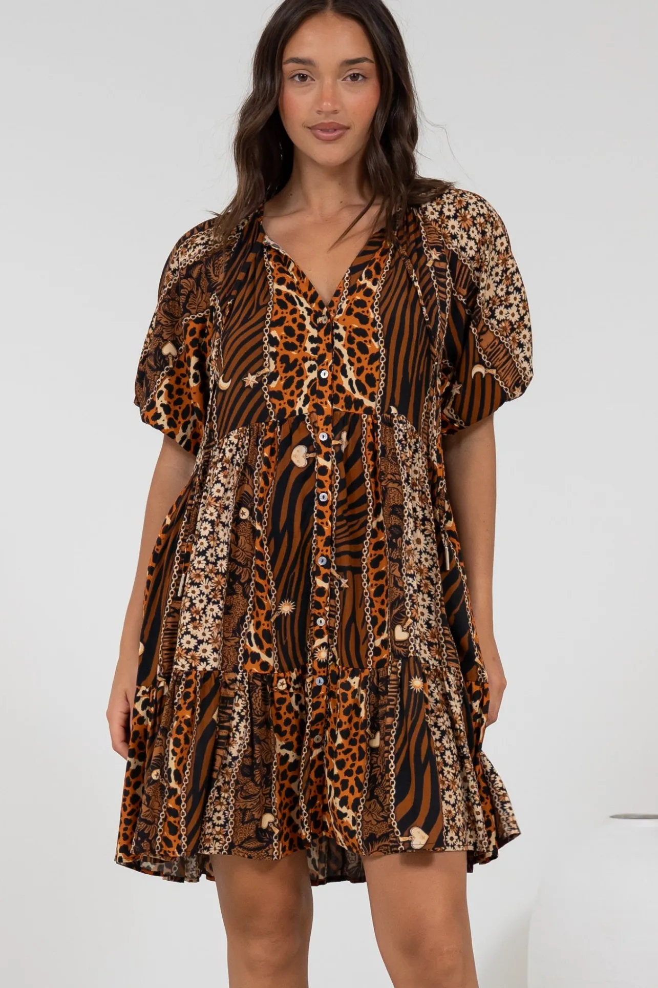 Lia Mini Dress - Balloon Sleeve Smock Dress in Riley Print>Salty Crush Hot